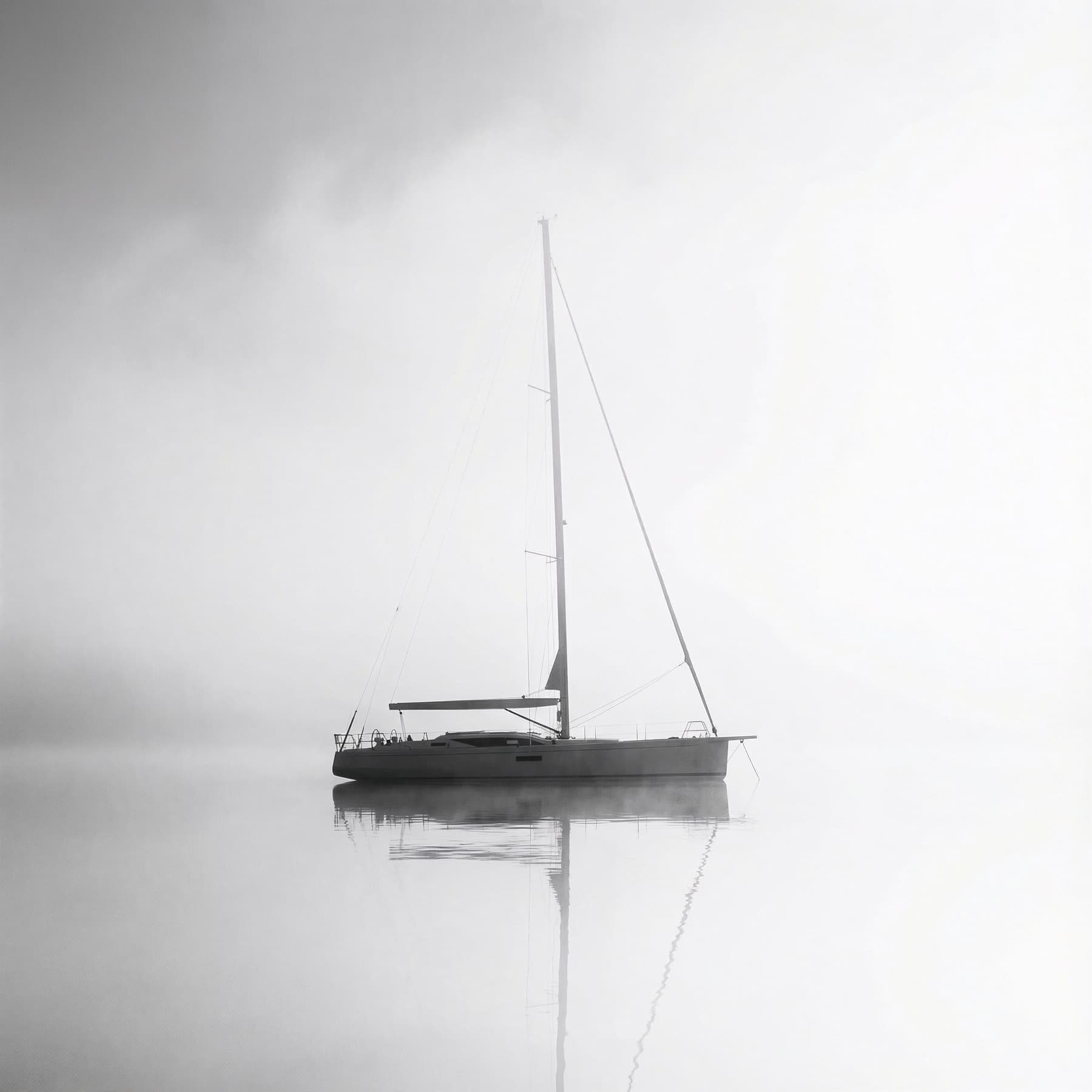 Yacht silhouette in fog