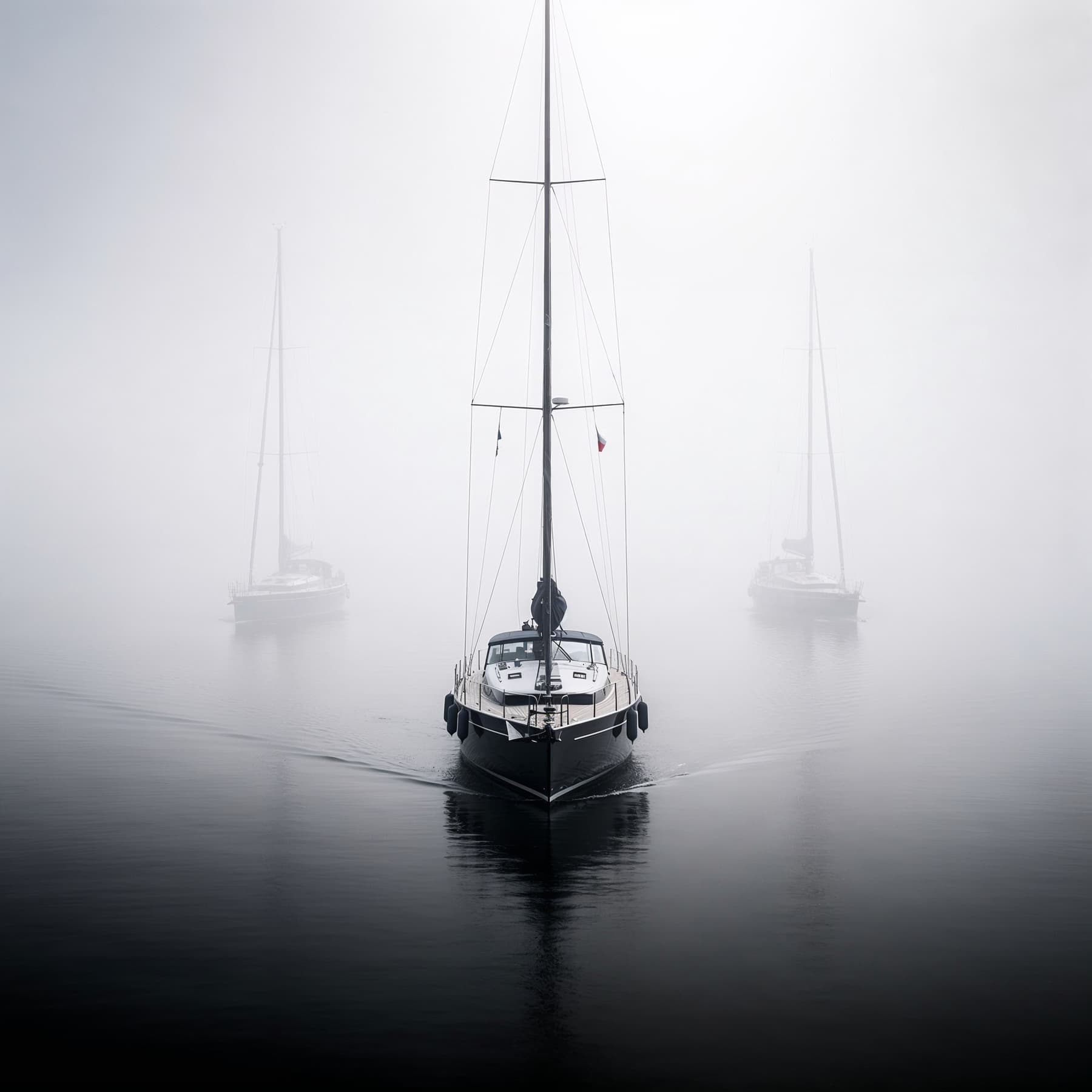 Yacht silhouette in fog