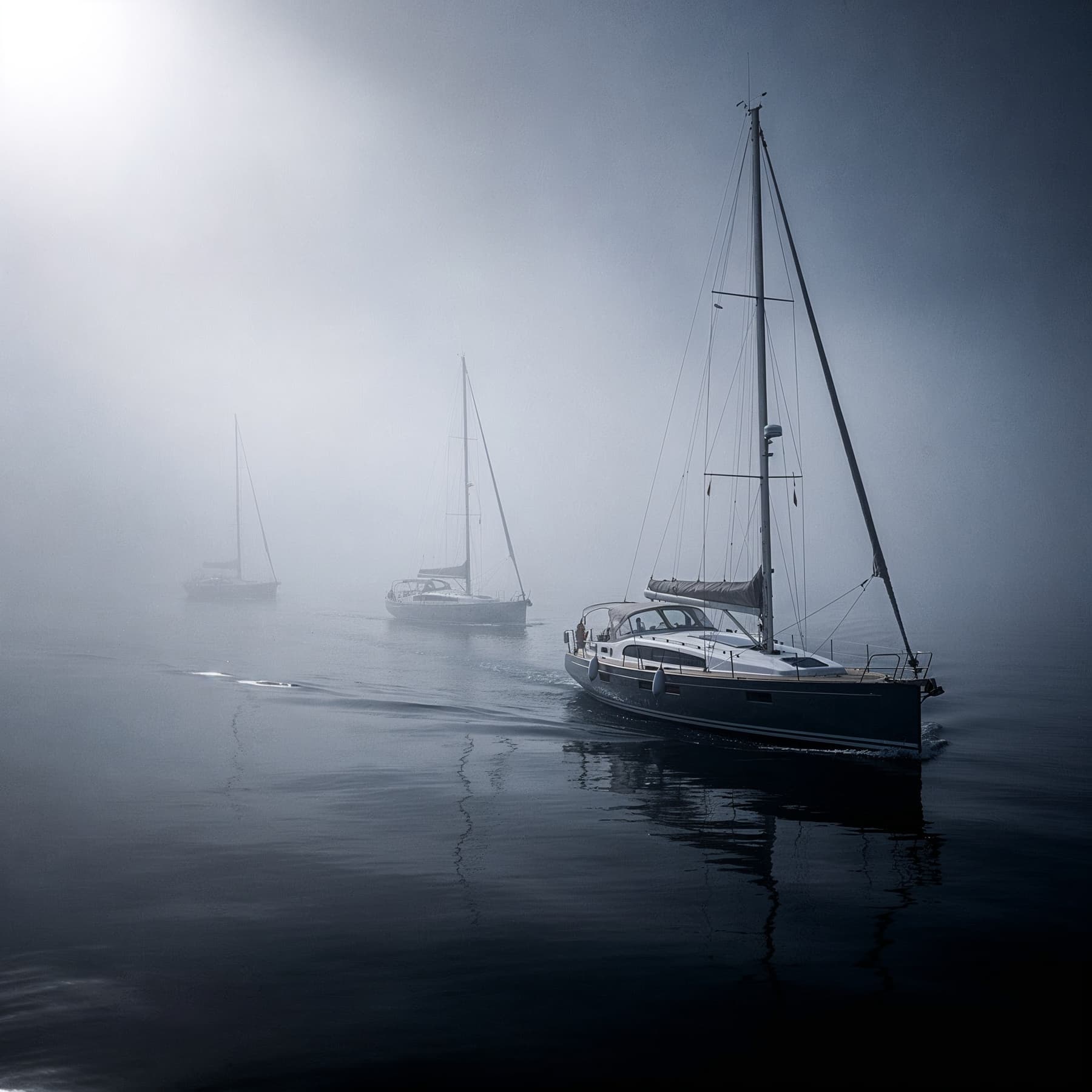 Yacht silhouette in fog