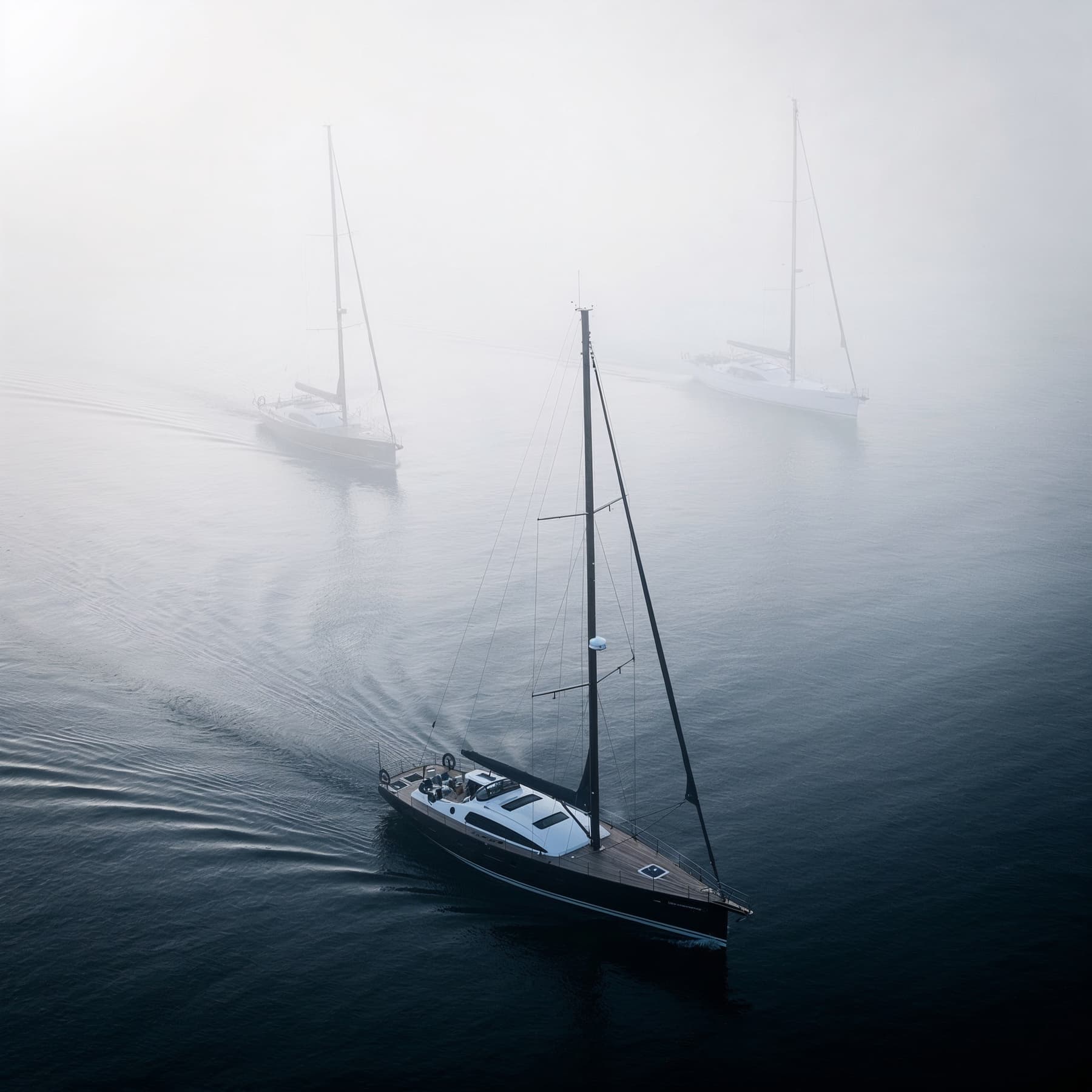 Yacht silhouette in fog